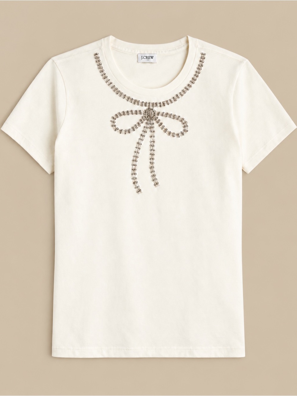J. Crew Cream Embellished Bow Short-Sleeve Tee CO292